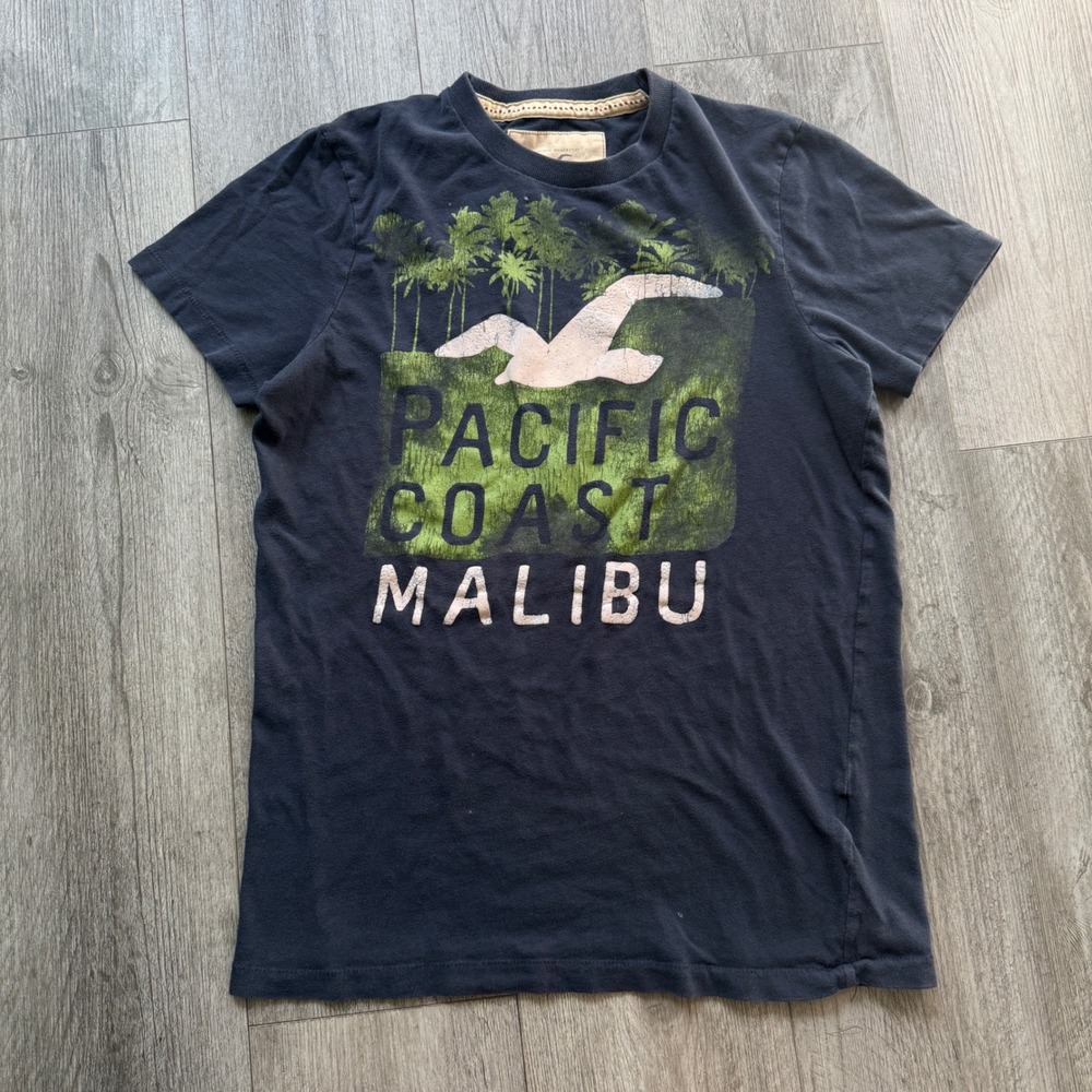 Y2K Hollister Mens M Navy Pacific Coast Malibu Graphic Tee Distressed Seagull